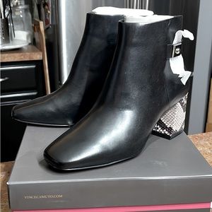NWT Vince Camuto, black leather boots with reptile looking heel